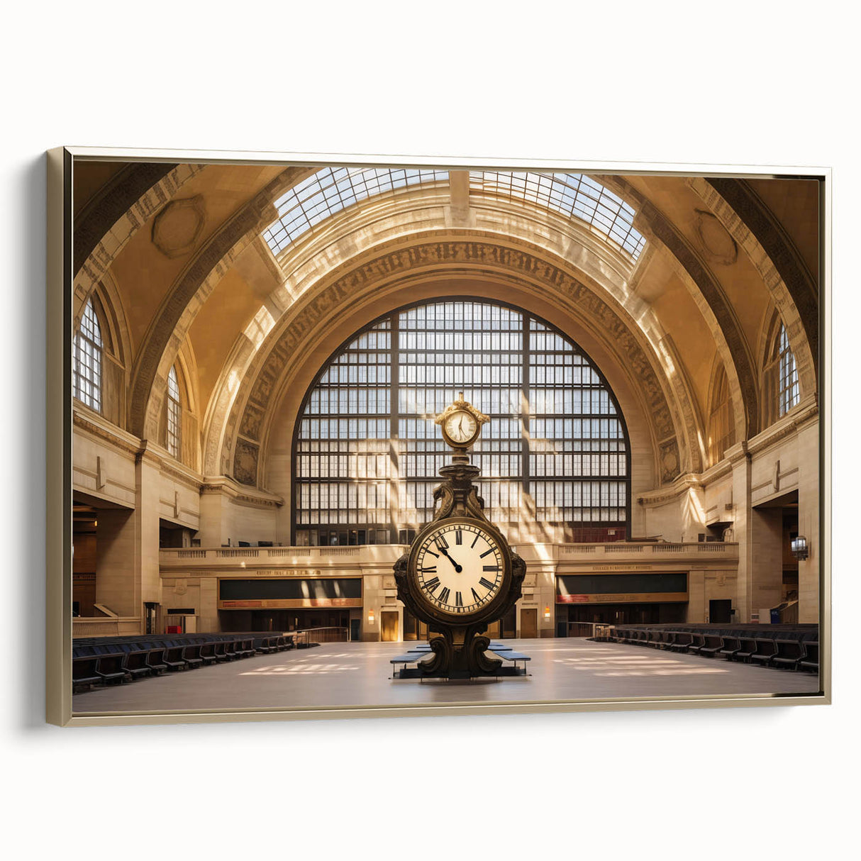 Framed canvas of a vintage New York City Grand Central landscape in black and gold tones, ideal for bedroom wall art.
