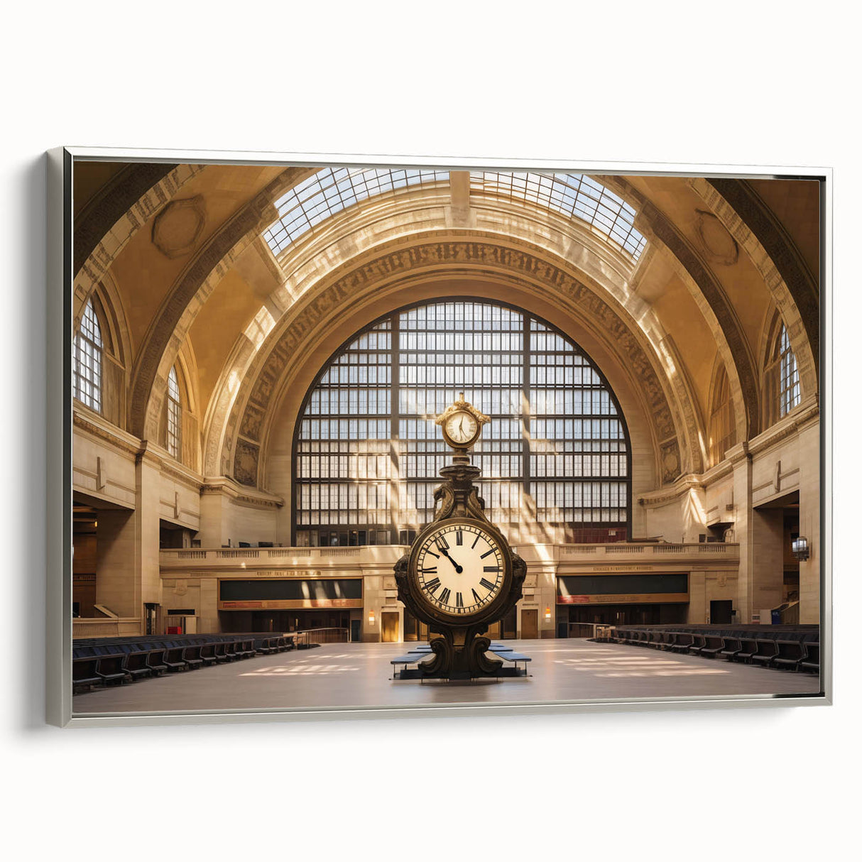 Framed canvas of a vintage-style New York City Grand Central scene in black with colorful accents, ideal for office decor.