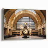 Framed canvas of a vintage-style New York City Grand Central scene in black with colorful accents, ideal for office decor.