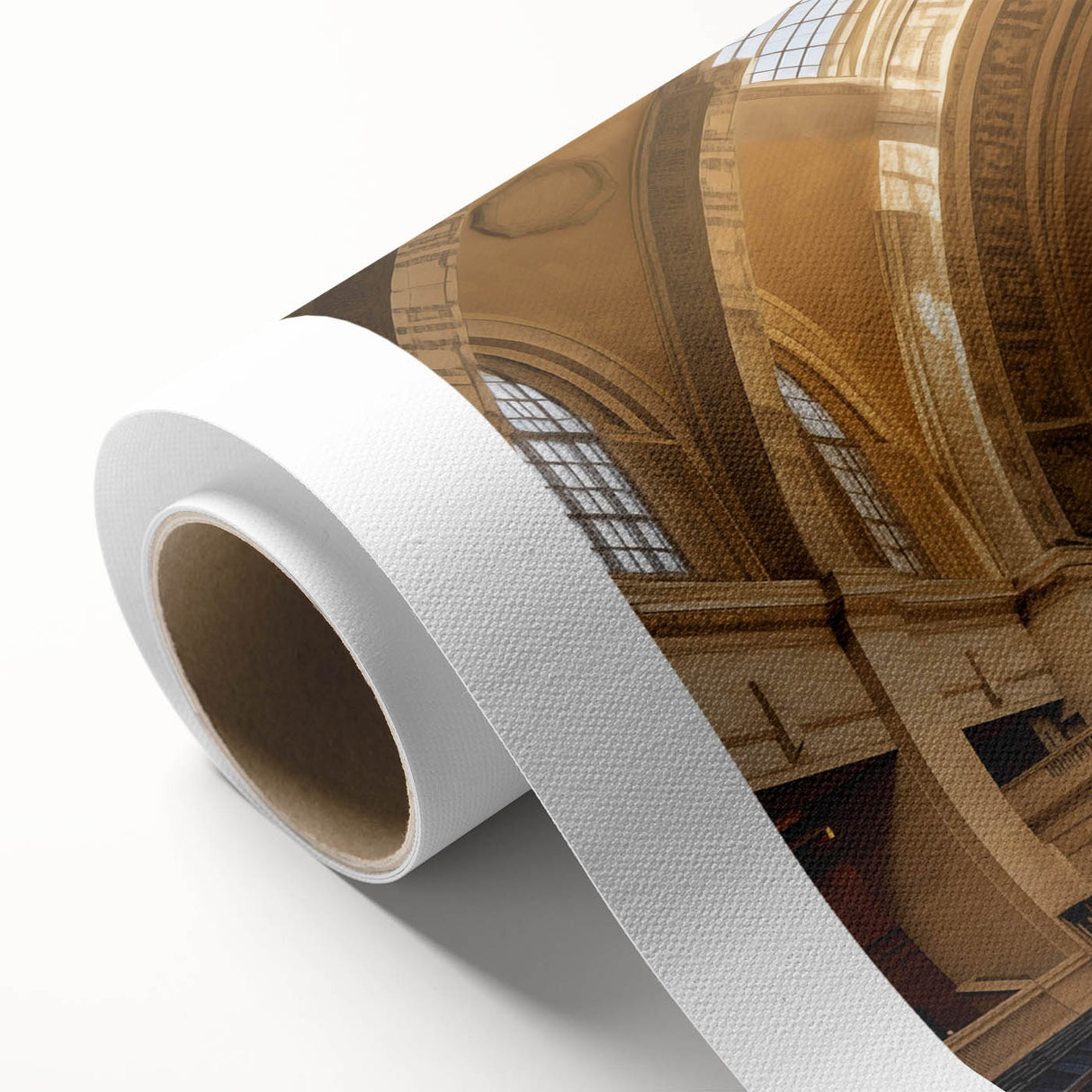 Art deco poster of Grand Central Station in muted gold and blue tones on rolled canvas, ideal for nursery wall art.