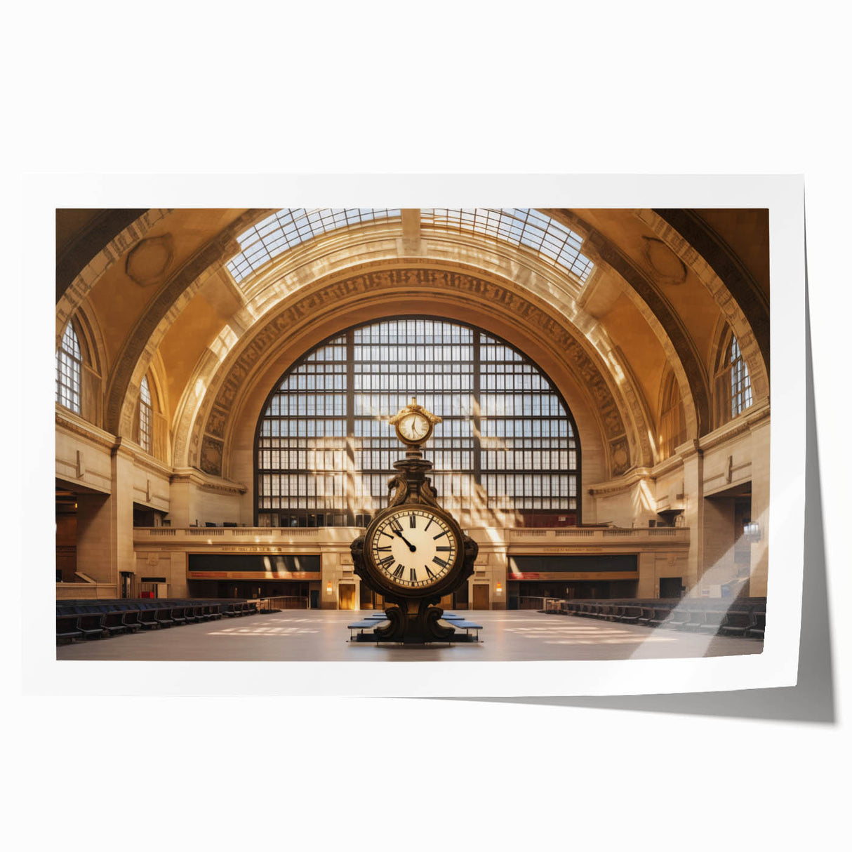 Grand Central Station illustration in muted gray and blue tones on a rolled canvas, suitable for art wall dining room.