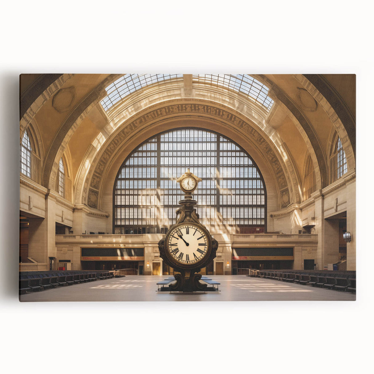 Black and white photo of Grand Central Station on stretched canvas, suitable for kitchen art.