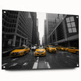 Acrylic print of a large abstract depiction of Manhattan skyline in muted gray and blue tones.