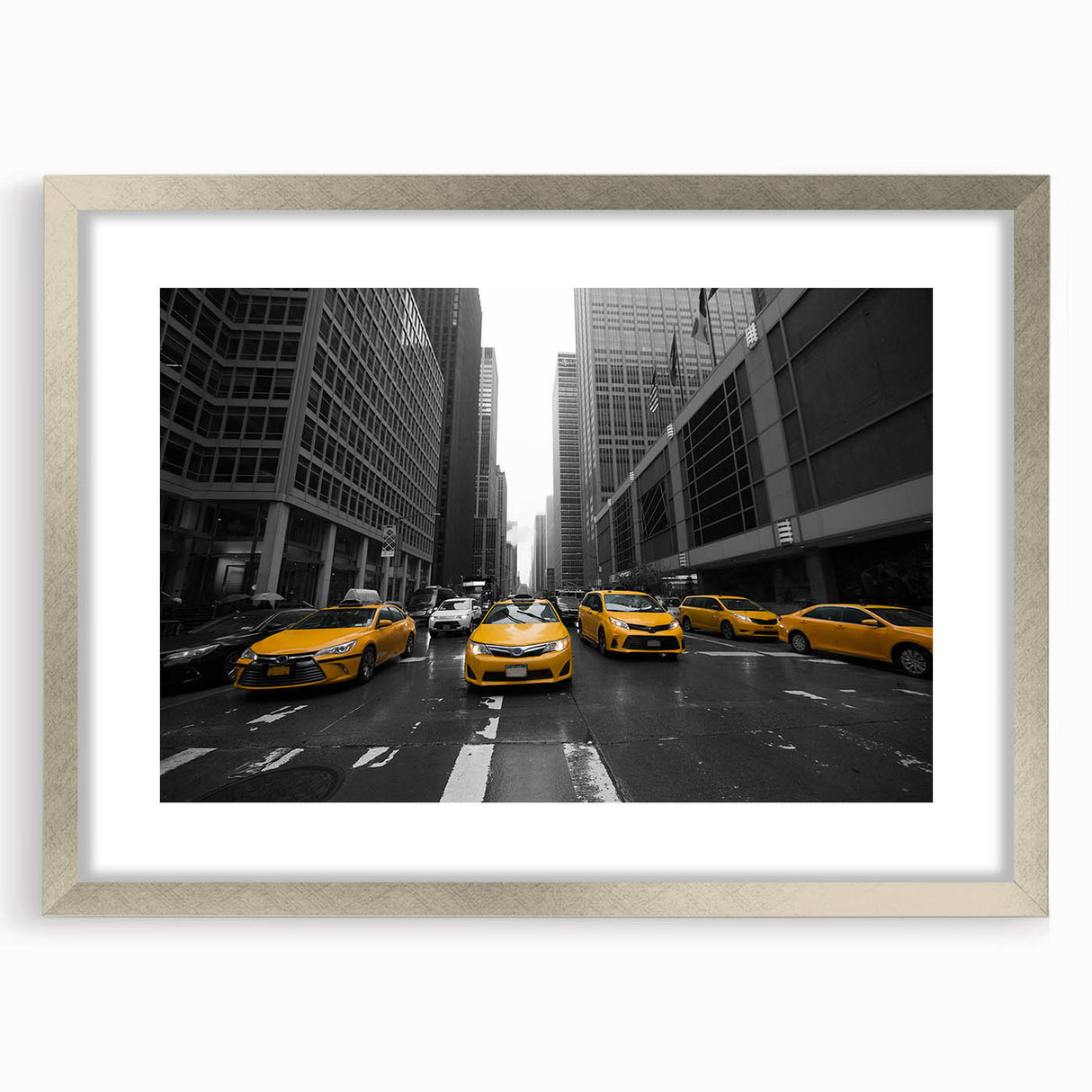 Textured abstract art print of Manhattan skyline in muted gray tones on a framed silver mat, suitable for bedroom decor.