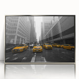 Mid-century modernist art of Manhattan skyline in muted gray and blue tones, silver-framed acrylic print.