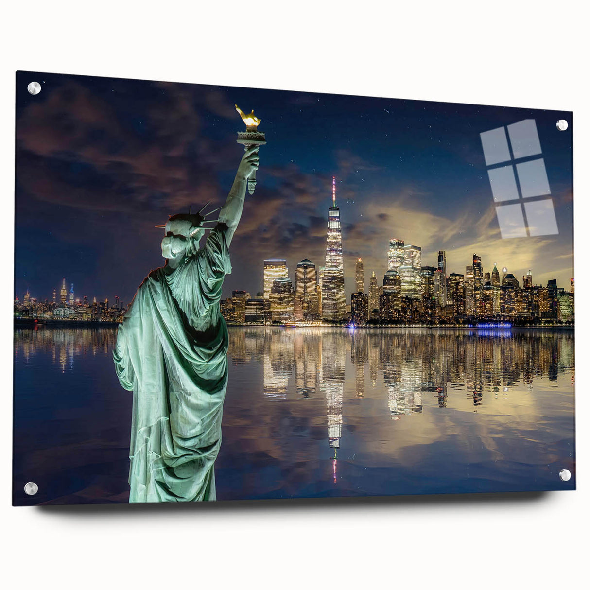 Acrylic print of the Statue of Liberty in muted green and blue tones, ideal for modern bedroom or dining room decor.