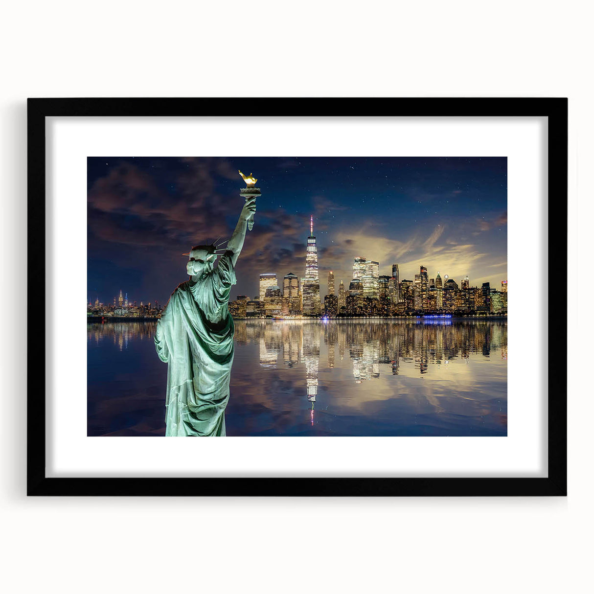 Framed print of abstract colorful art depicting the Statue of Liberty, ideal for extra large wall art in a living room.