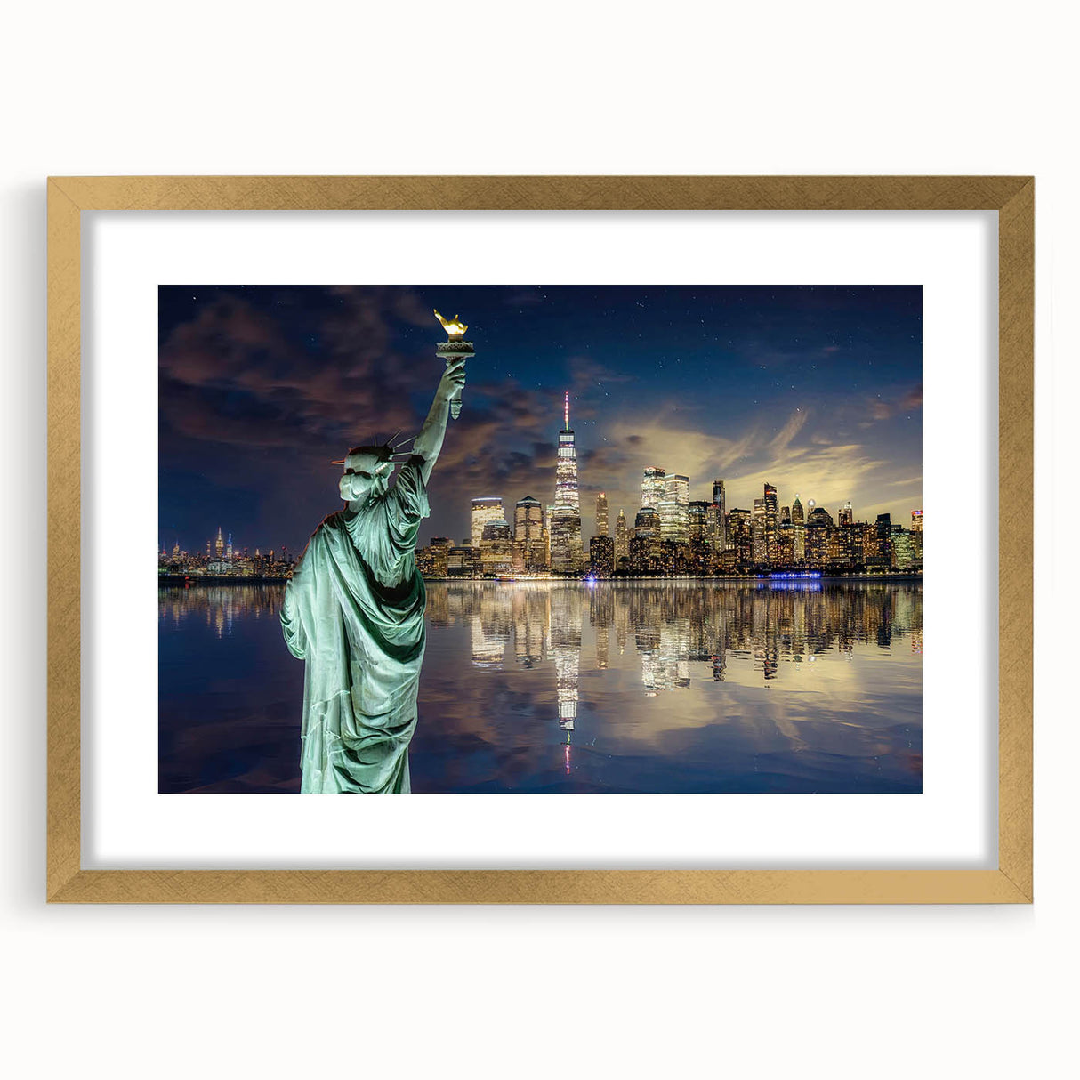 Extra large abstract art print of the Statue of Liberty in muted gray and teal, framed in gold.