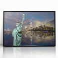 Large abstract wall art of the NYC skyline featuring the Statue of Liberty in muted gray tones on a framed acrylic.