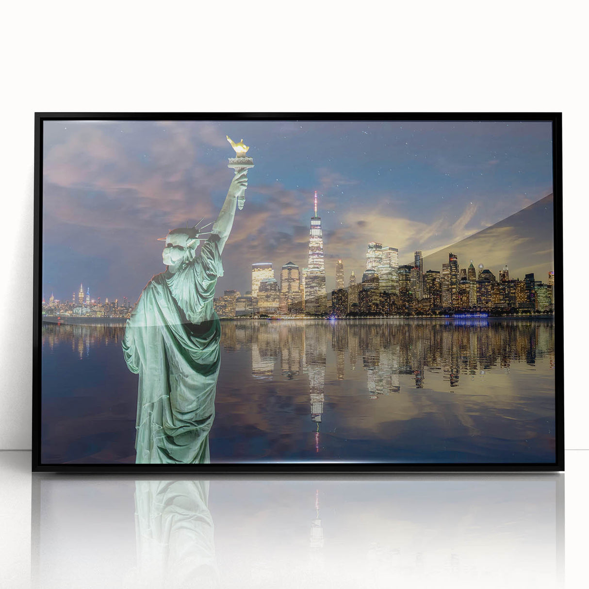 Large abstract wall art of the NYC skyline featuring the Statue of Liberty in muted gray tones on a framed acrylic.