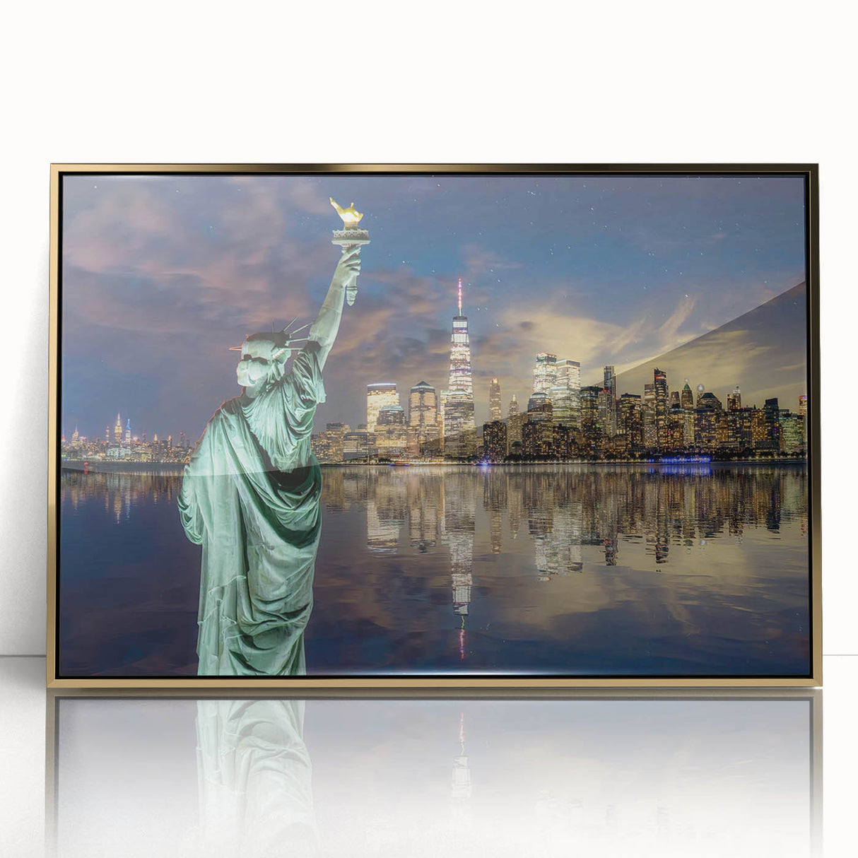 Acrylic print of the Statue of Liberty in gold tones, ideal for modern art wall decor in a nursery or living space.