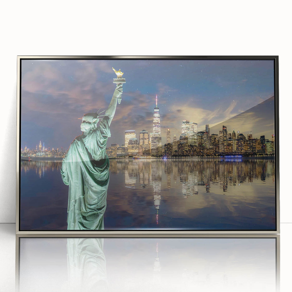 Mid-century modernist art depicting the Statue of Liberty in muted silver tones on a framed acrylic.