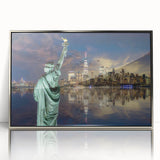Mid-century modernist art depicting the Statue of Liberty in muted silver tones on a framed acrylic.