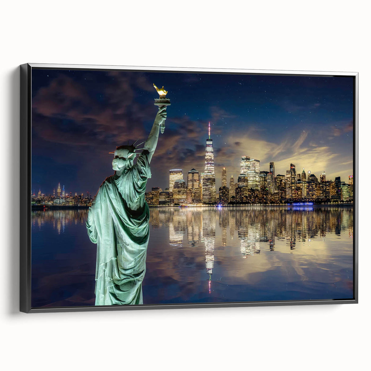 Black and white framed canvas of the Statue of Liberty, ideal for bedroom wall art in a vintage poster style.