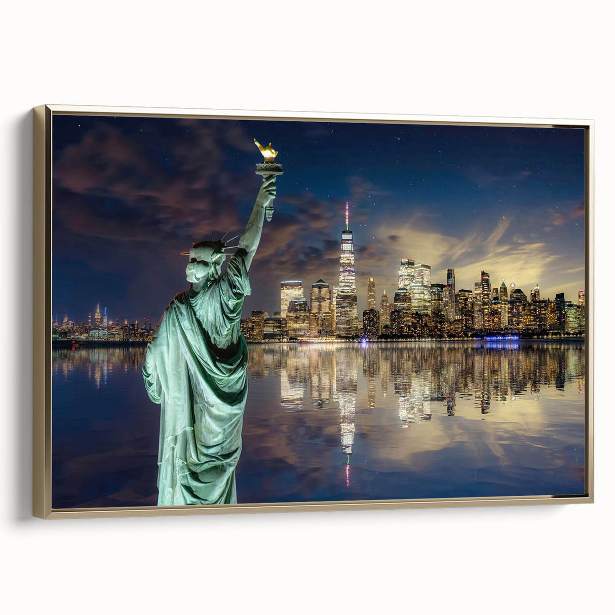 Framed canvas wall art featuring a side view of the Statue of Liberty in monochrome black, ideal for bedroom decor.
