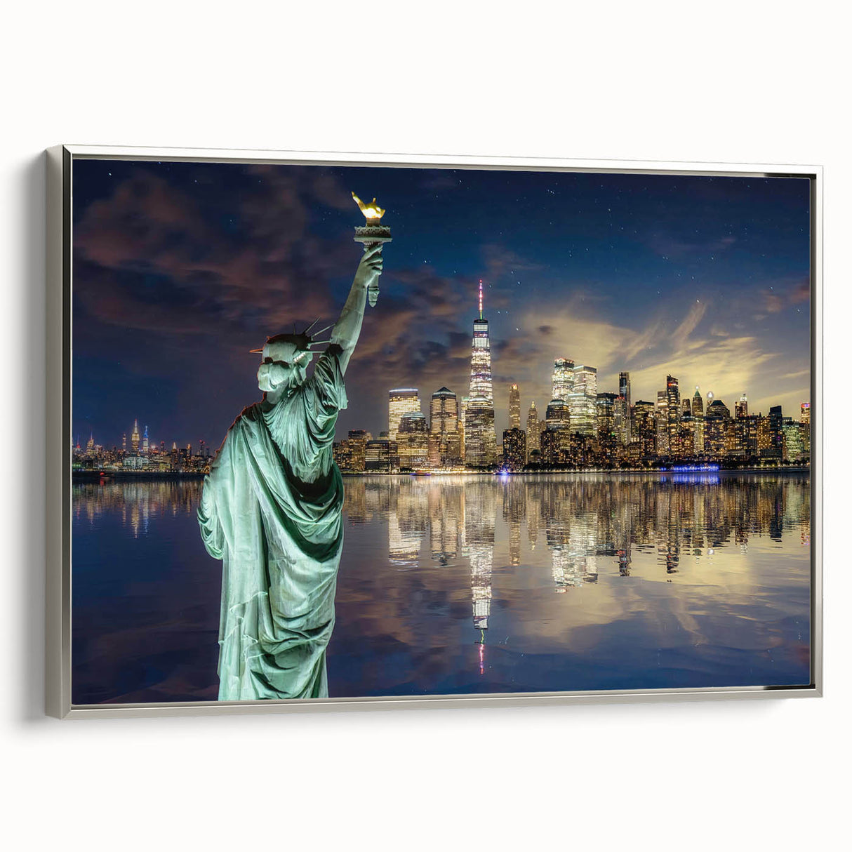 Framed canvas of the Statue of Liberty in muted black and gray tones, ideal for office wall decor.