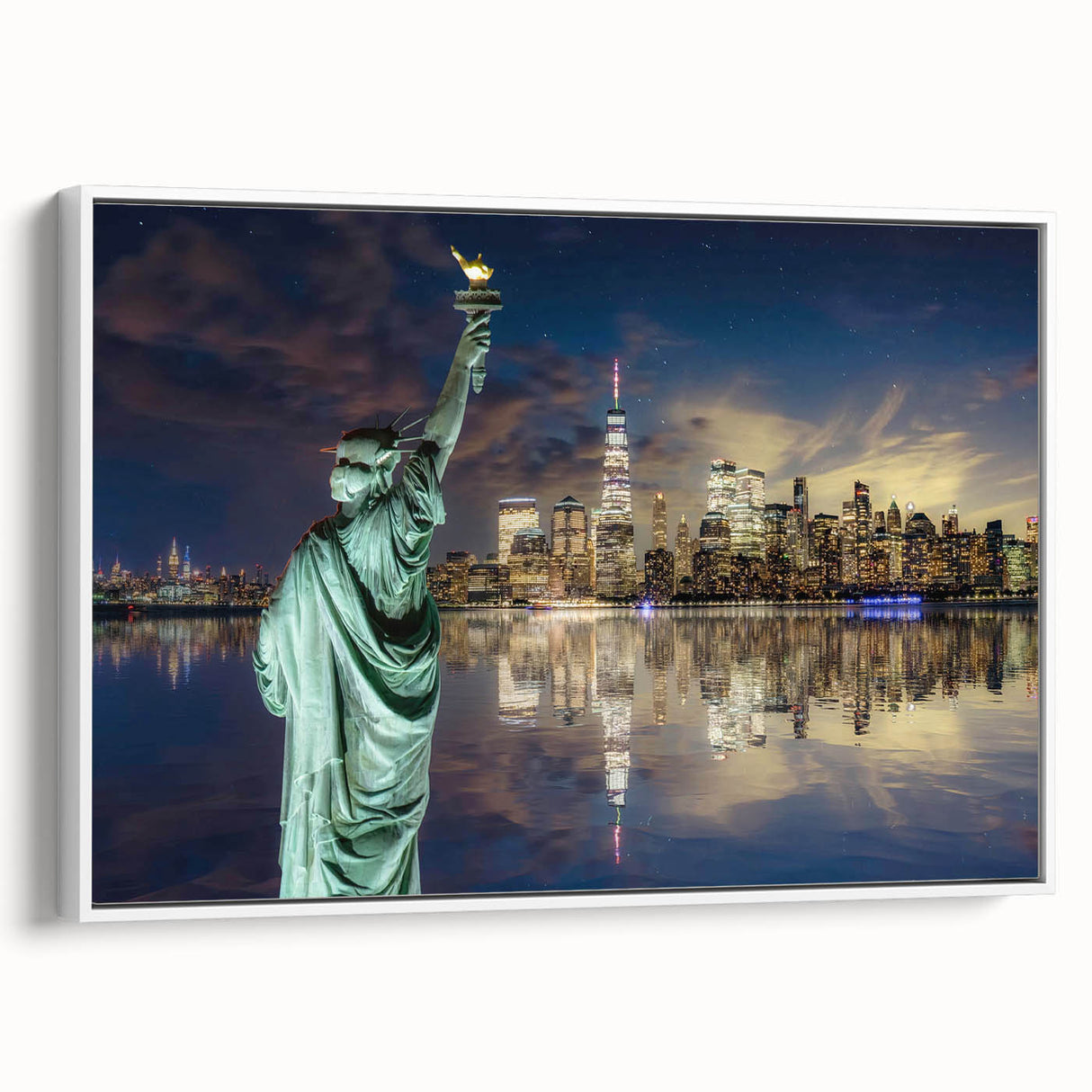 Vintage poster art of the Statue of Liberty in vibrant colors on a large framed canvas, ideal for living room decor.