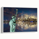 Vintage poster art of the Statue of Liberty in vibrant colors on a large framed canvas, ideal for living room decor.