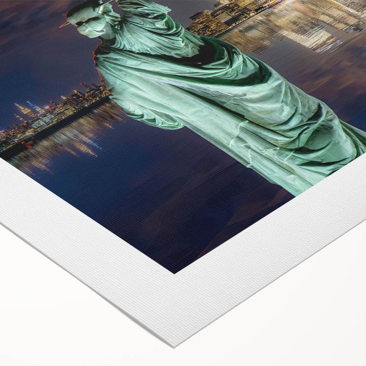 Art deco poster of the Statue of Liberty in muted green and blue tones on rolled canvas, suitable for dining room wall art.