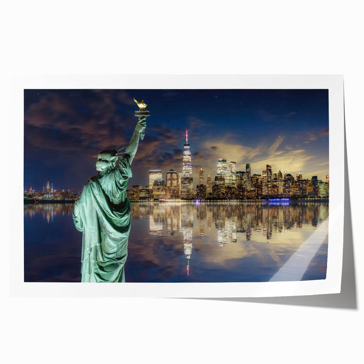 Rolled print of the Statue of Liberty in muted green and gray tones, ideal for art wall dining room decor.