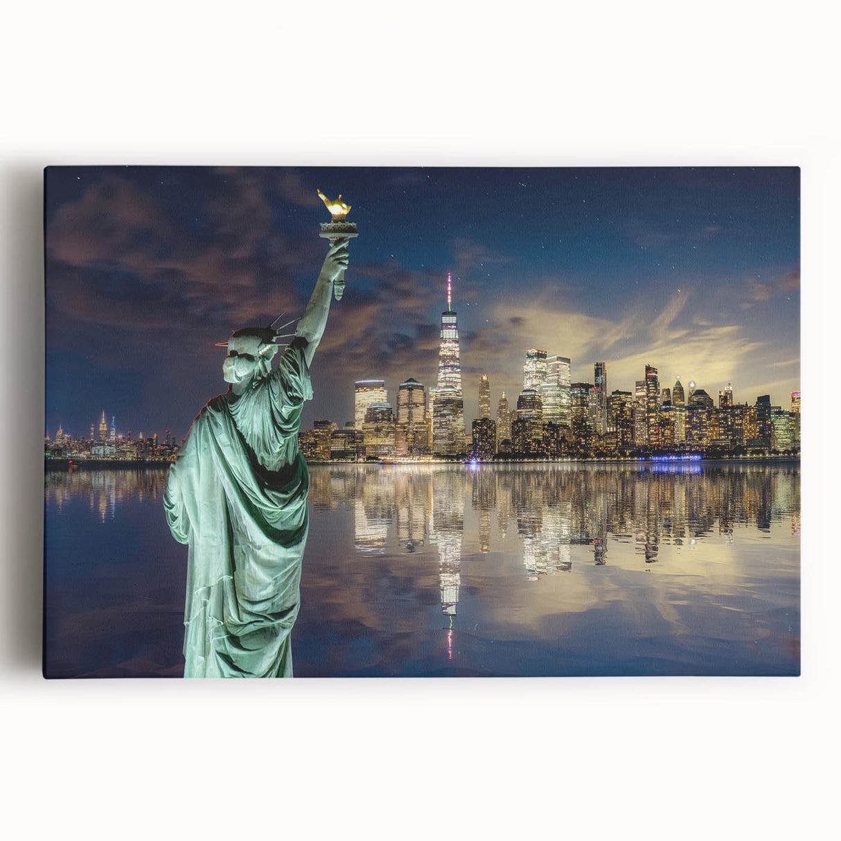 Black and white print of the Statue of Liberty on stretched canvas, ideal for kitchen wall art.
