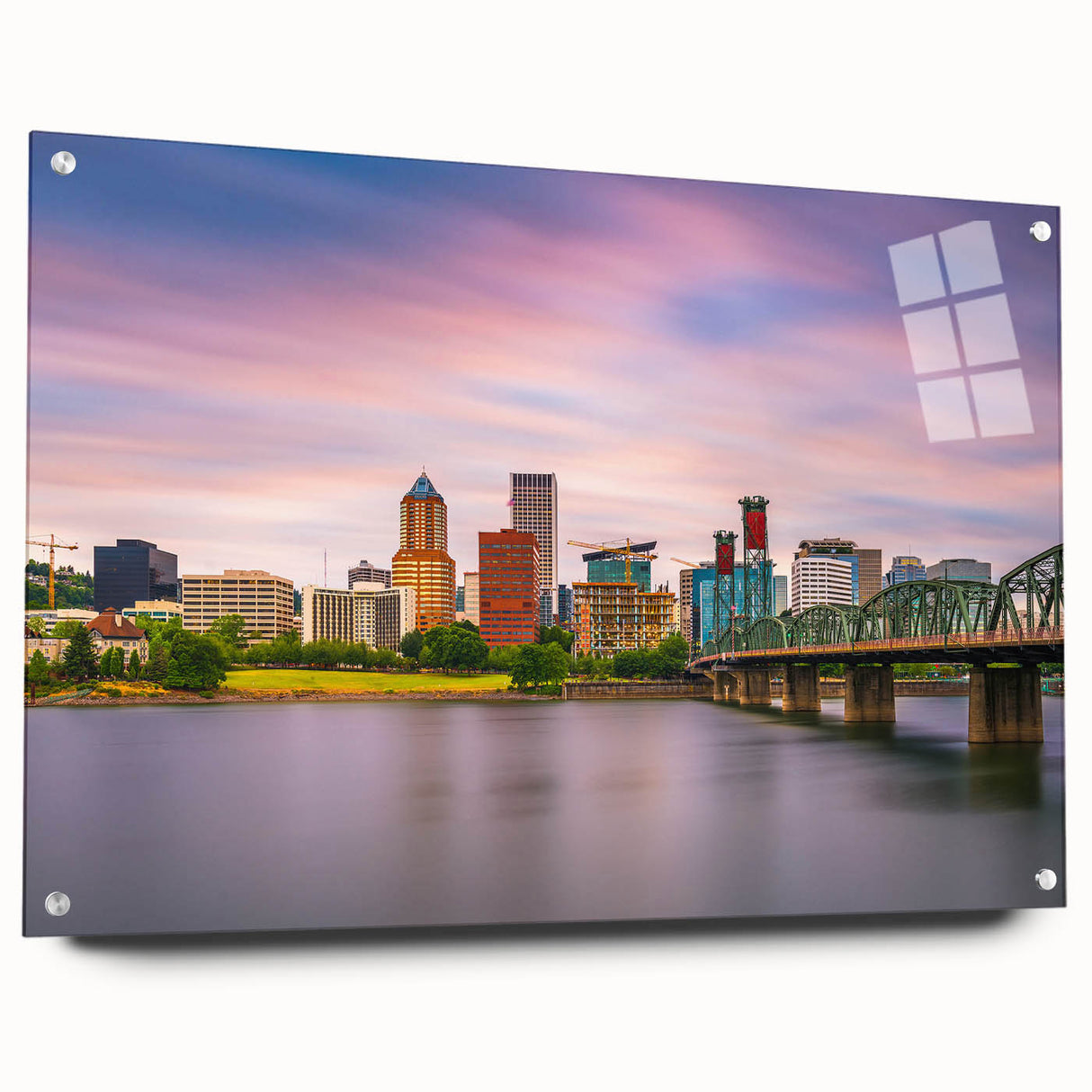 Acrylic print of a large abstract depiction of Portland, Oregon, in muted earth tones.