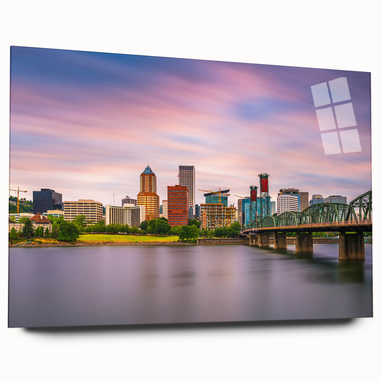 Acrylic print of Portland, Oregon scenery in muted green and blue tones, ideal for bedroom or dining room art.