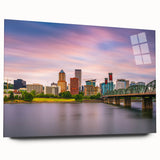 Acrylic print of Portland, Oregon scenery in muted green and blue tones, ideal for bedroom or dining room art.