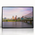 Large abstract wall art depicting Portland's scenery in black and white tones on a framed acrylic.