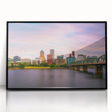 Large abstract wall art depicting Portland's scenery in black and white tones on a framed acrylic.