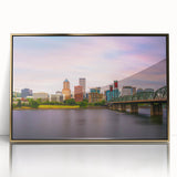 Mid-century modernist acrylic print of Portland, Oregon's skyline in muted gold tones, ideal for modern art wall decor.