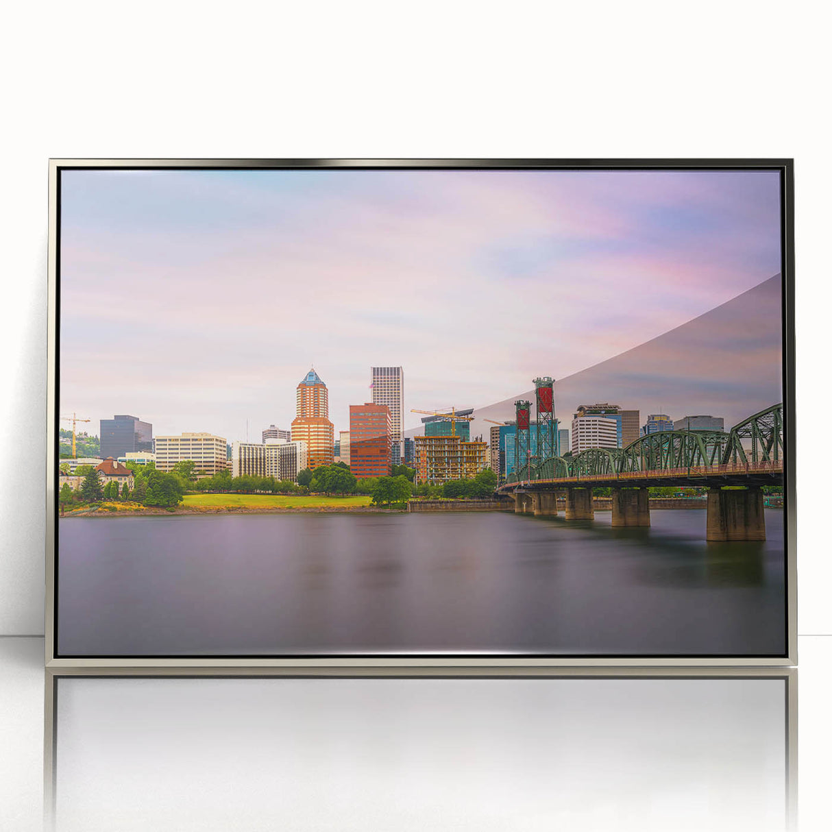 Mid-century modernist art of Portland, Oregon skyline in muted silver and gray tones on a framed acrylic print.