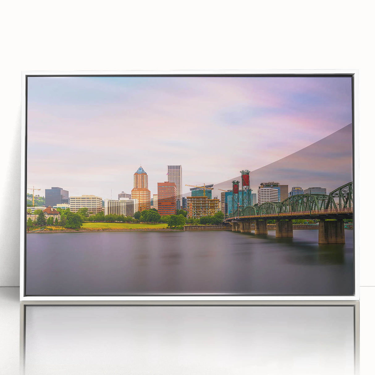 Art deco poster of Portland, Oregon skyline in muted gray and blue tones on white-framed acrylic.