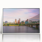 Art deco poster of Portland, Oregon skyline in muted gray and blue tones on white-framed acrylic.