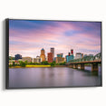 Black and white framed canvas of Portland, Oregon landscape, ideal for bedroom decor.