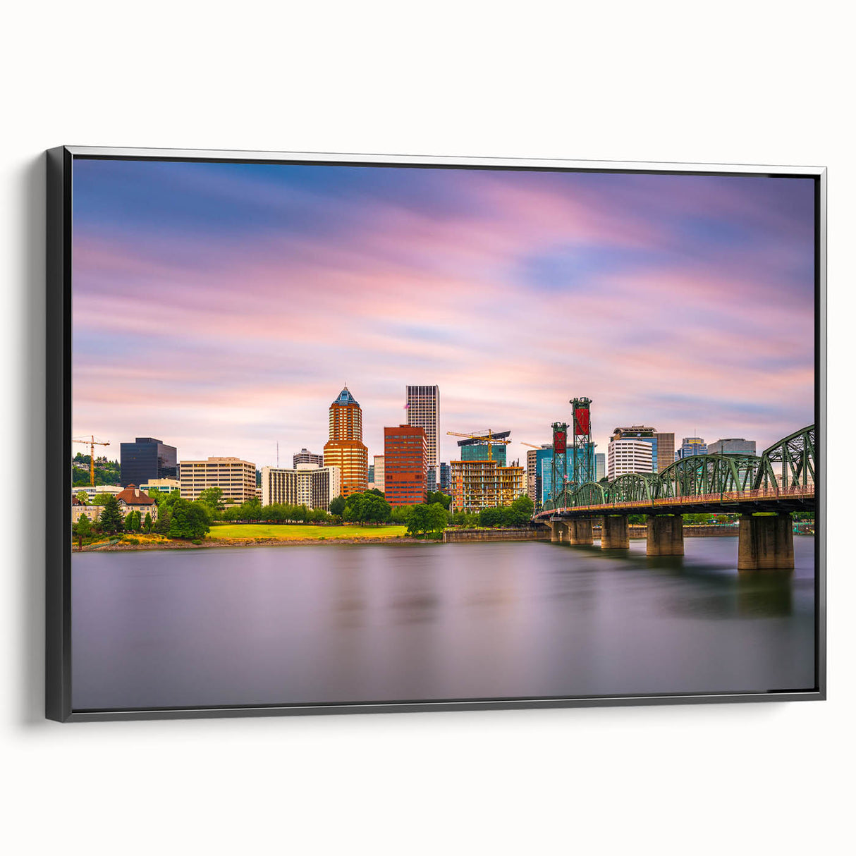 Black and white framed canvas of Portland, Oregon landscape, ideal for bedroom decor.