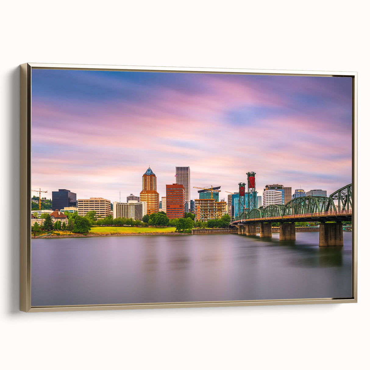 Framed canvas featuring a vintage-style landscape painting of Portland, Oregon, with a black and gold color scheme.