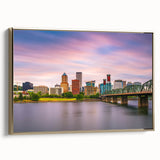 Framed canvas featuring a vintage-style landscape painting of Portland, Oregon, with a black and gold color scheme.