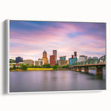 Vintage poster art of Portland, Oregon, on extra large framed canvas with vibrant colors, ideal for living room decor.