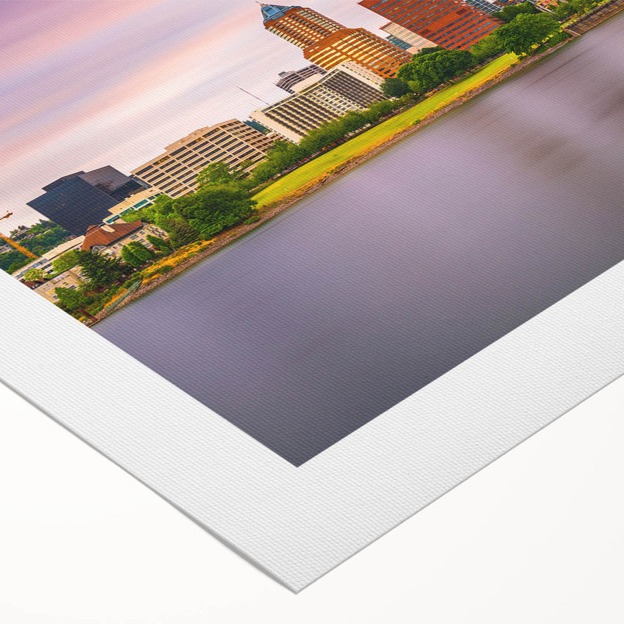 Art deco poster of Portland, Oregon skyline in muted gray tones on rolled canvas, suitable for dining room wall art.