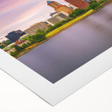 Art deco poster of Portland, Oregon skyline in muted gray tones on rolled canvas, suitable for dining room wall art.