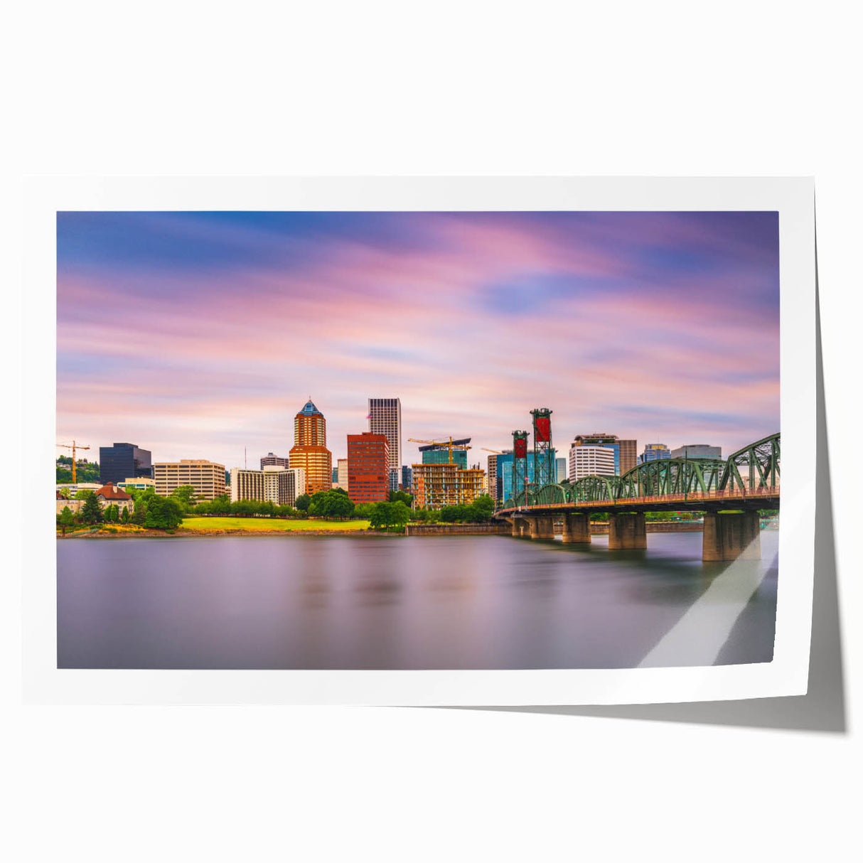 Extra large rolled print of Portland, Oregon scenery with floral elements in subdued greens and blues.