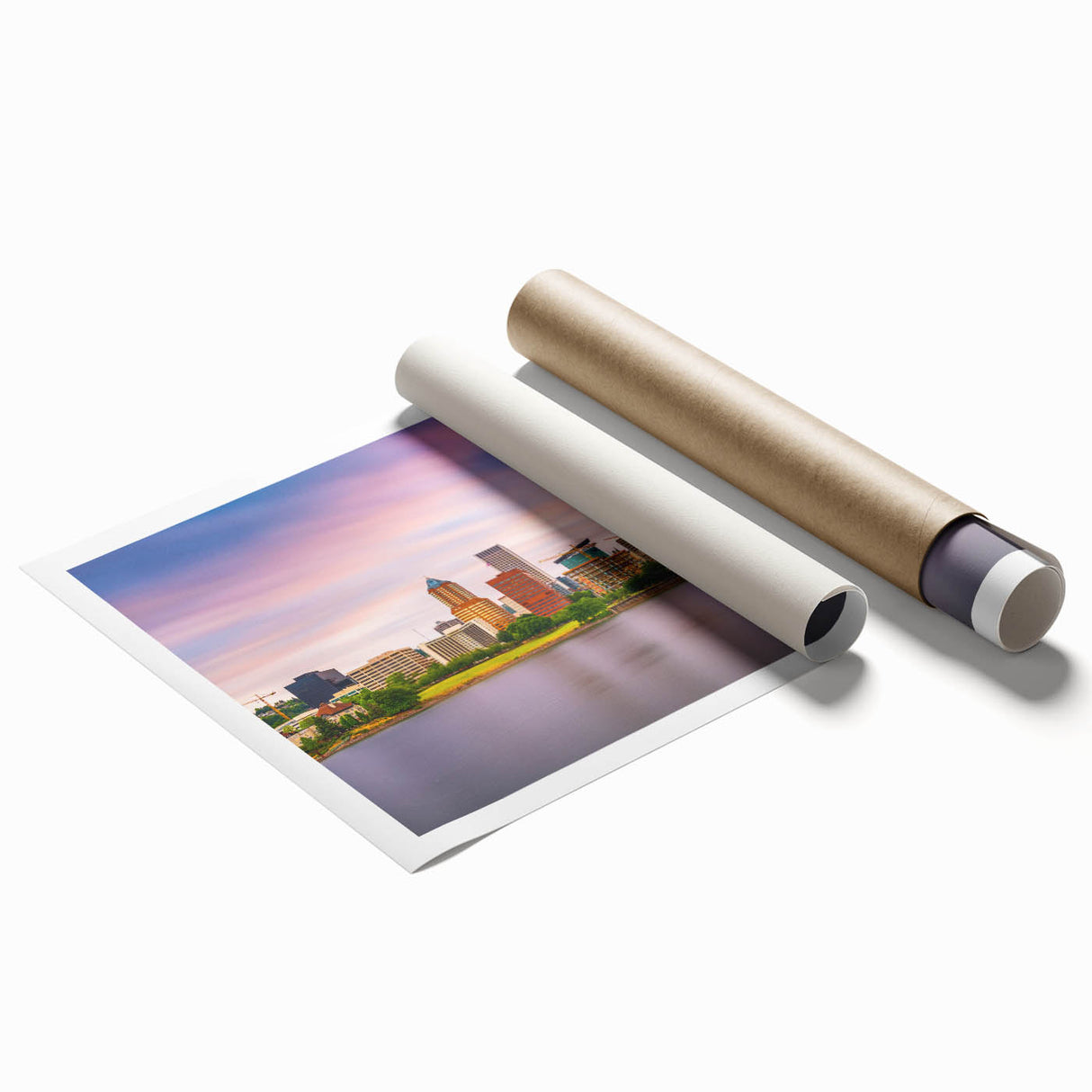 Extra large rolled print of Portland, Oregon scenery with floral elements in soft pastels.