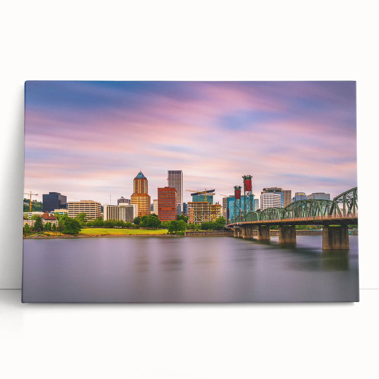 Black and white photo of Portland, Oregon skyline on stretched canvas, suitable as large kitchen wall art.