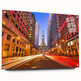 Abstract depiction of the Philadelphia skyline in muted gray and blue tones on acrylic glass.