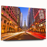 Abstract depiction of the Philadelphia skyline in muted gray and blue tones on acrylic glass.