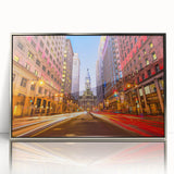 Mid-century modernist art of Philadelphia skyline in silver frame, acrylic print, suited for modern art wall decor.