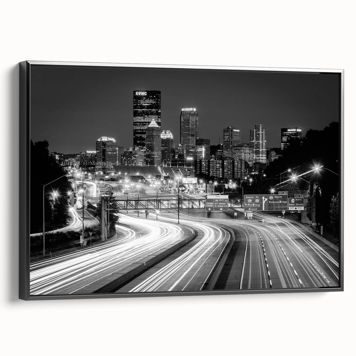 Black and white framed canvas of Pittsburgh landscape, vintage poster style, ideal for bedroom decor.
