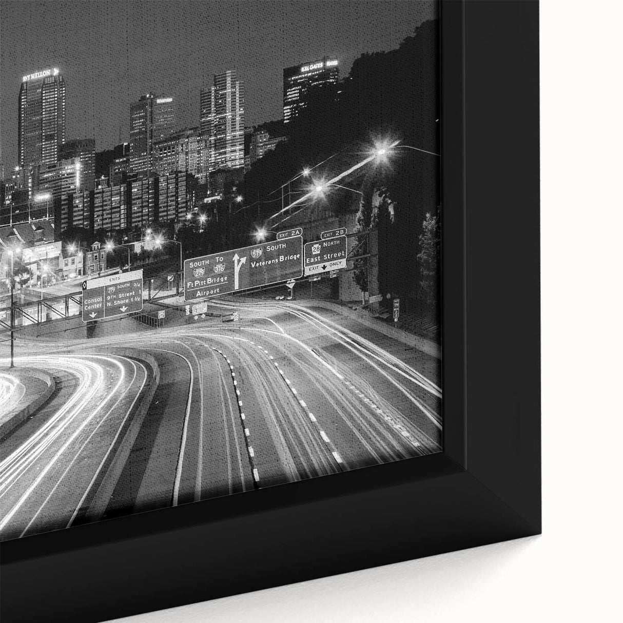 Extra large framed canvas featuring a textured depiction of Pittsburgh's skyline in black with colorful accents.