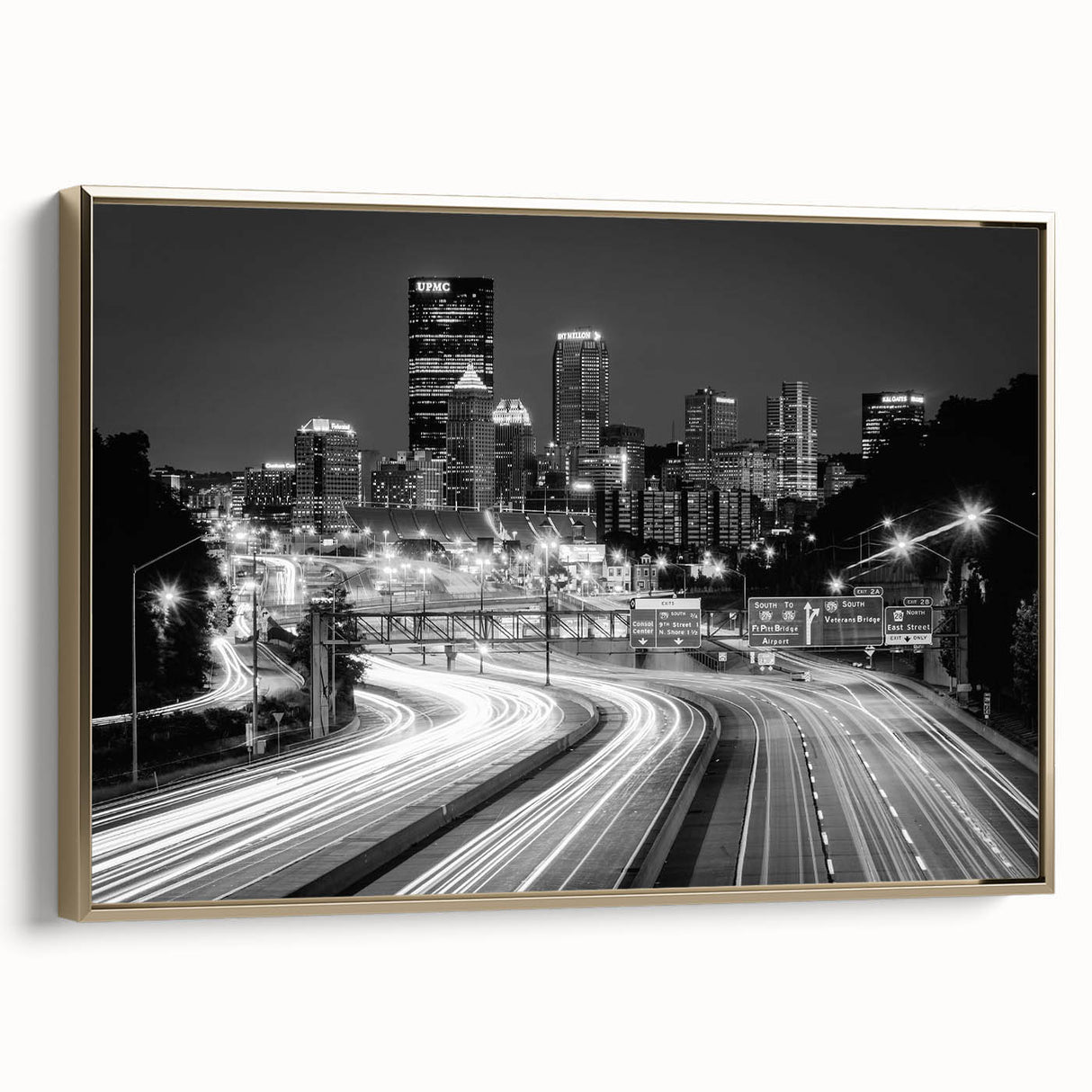 Framed canvas of Pittsburgh landscape with vintage-style black and gold tones, suitable for bedroom wall art.